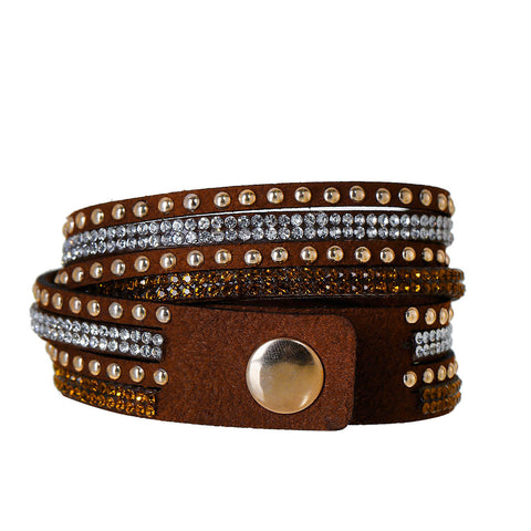 Sexy Sparkles Suede Velvet Multi Layer Wrap Women Teen Girls Bracelet with Rhinestones Light Golden Brown Slake Button Clamp Adjustable - Sexy Sparkles Fashion Jewelry - 2