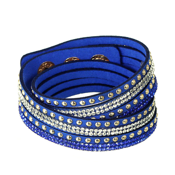 Sexy Sparkles Suede Velvet Multi Layer Wrap Women Teen Girls Bracelet with Rhinestones Light Golden Royal Blue Slake Button Clamp Adjustable