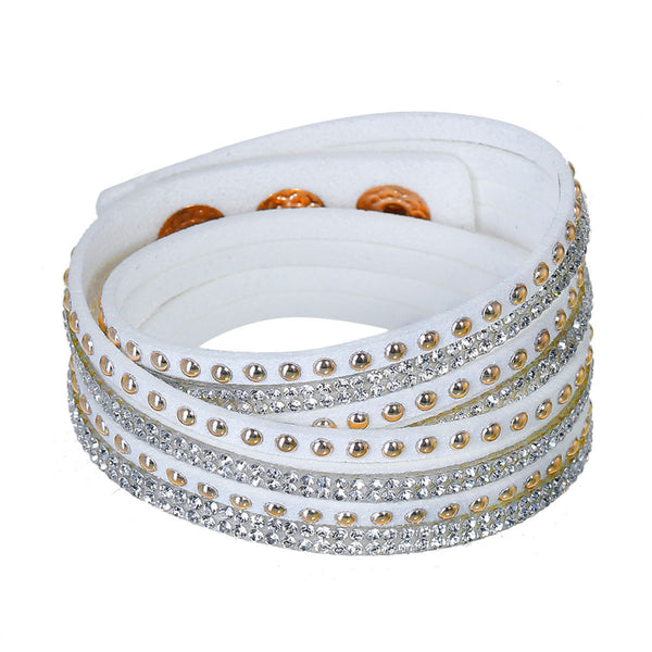 Sexy Sparkles Suede Velvet Multi Layer Wrap Women Teen Girls Bracelet with RhinestonesLight Golden White Slake Button Clamp Adjustable