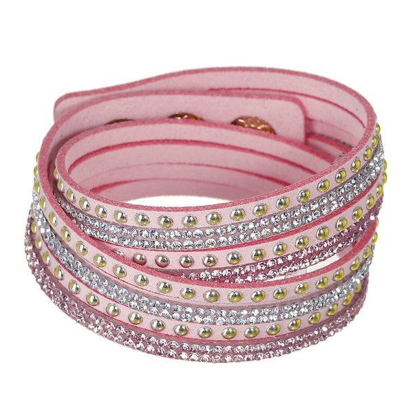 Sexy Sparkles Suede Velvet Multi Layer Wrap Women Teen Girls Bracelet with Rhinestones Light Golden Pink Slake Button Clamp Adjustable