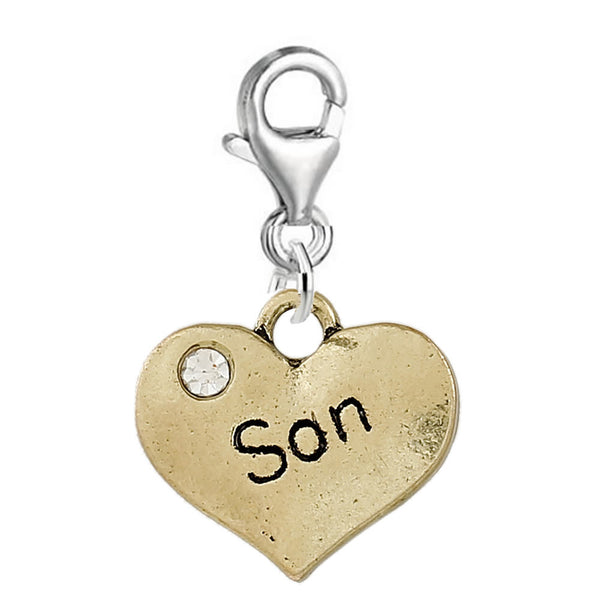 Son Heart 2 Sided w/Rhinestones Stones Family Charm Clip On Lobster Clasp Charm - Sexy Sparkles Fashion Jewelry