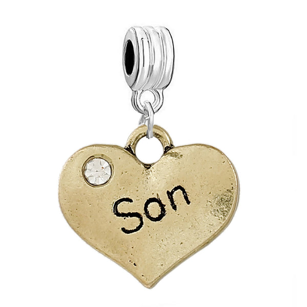 Son Heart charm 2 sided pendant with Rhinestones Compatible with European Bracelets