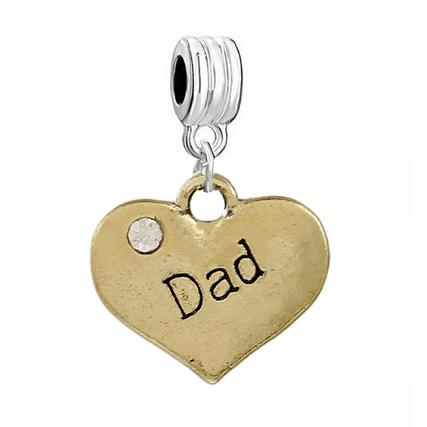 Dad Heart charm 2 sided pendant with Rhinestones Compatible with European Bracelets