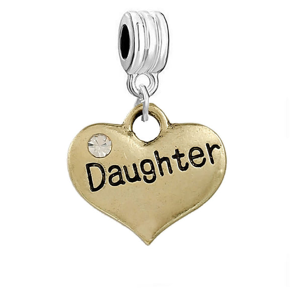 Daughter Heart charm 2 sided pendant with Rhinestones Compatible with European Bracelets