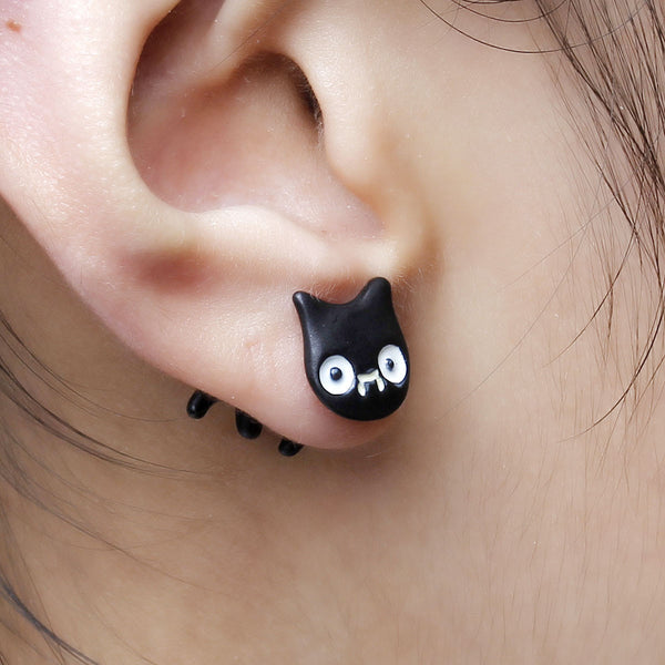 Sexy Sparkles 1Pair Cartoon Cat 3D Double Sided Ear Stud Unisex Men Or Women Cute Earring