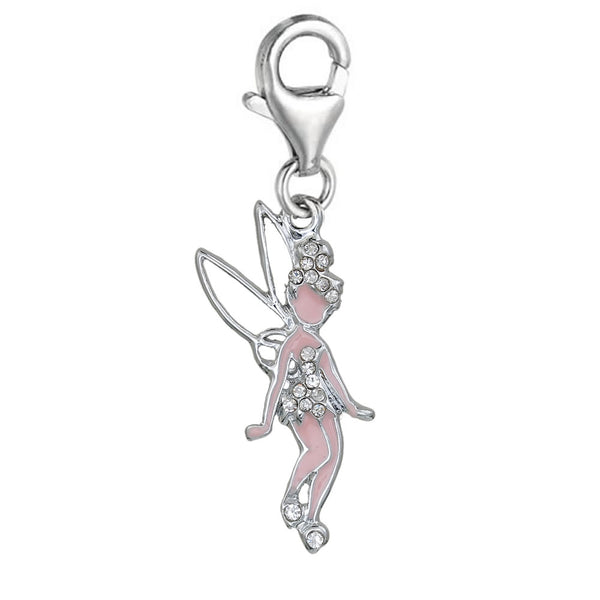 Tinkerbell Fairy Charm with  Crystals Clip on Pendant for European Charm Jewelry w/ Lobster Clasp
