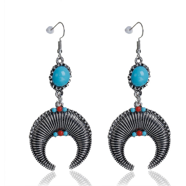 Sexy Sparkles Turquoise Long Dangling Fashion Earrings for Women Boho Chic Earrings Dangle Blue Crescent Moon Double Horn