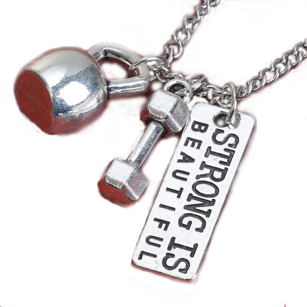 Sexy Sparkles Strong Is Beautiful Fitness Dumbell kettlebell Necklace