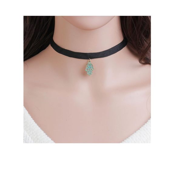 Sexy Sparkles Velvet Hamsa Hand Choker Necklace for Women Girls Gothic Choker Bolo Tie