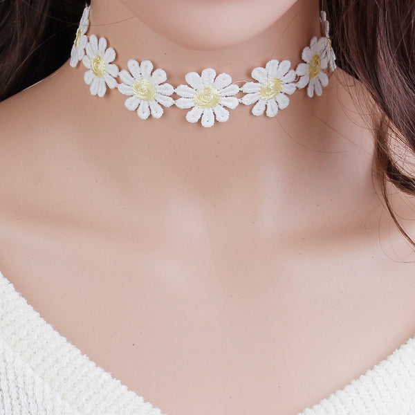 Sexy Sparkles White & Yellow Daisy Flower Choker Necklace for Women Girls Gothic Choker Bolo Tie
