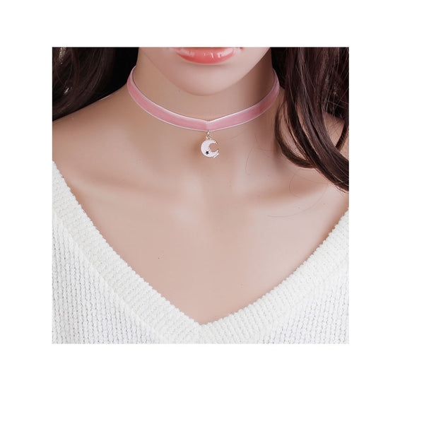 Sexy Sparkles Velvet Choker Necklace Pink Half Moon Pentagram Star for Women Girls Gothic Choker Bolo Tie