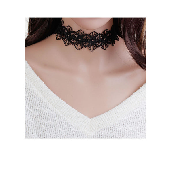 Sexy Sparkles Polyester Black Flower Choker Necklace for Women Girls Gothic Choker Bolo Tie Corset Lace Chokers