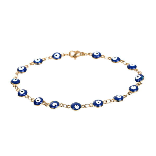 Sexy Sparkles Stainless Steel Evil Eye Bracelet Gold Tone Overlay with Navy Blue Mini Evil Eye Beads 8 1/8 Inch Clasp Bracelet