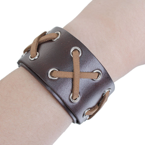 Set of 2 Mens Genuine Real Leather Wrist Bracelet Wide Casual Wristband Cuff Bangle Adjustable - Sexy Sparkles Fashion Jewelry - 4