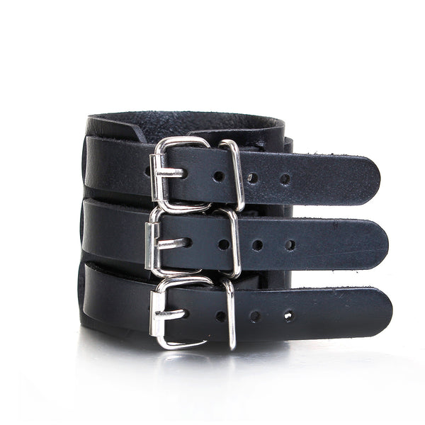 Black Wide Genuine Leather Mens Bangle Cuff Wristband Bracelet Unisex Punk Rock Adjustable