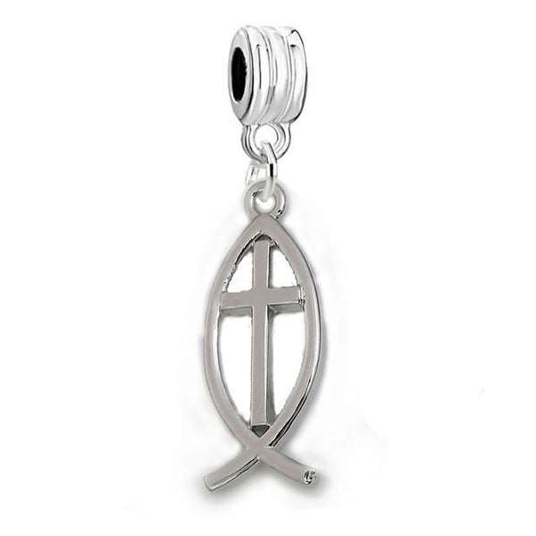 SEXY SPARKLES Jesus Cross Fish Ichthys European Charm Spacer Bead Fits Pandora Bracelets