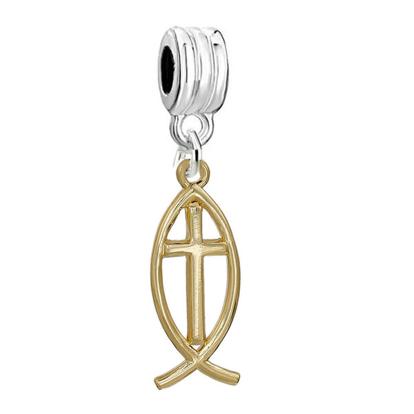 SEXY SPARKLES Jesus Cross Fish Ichthys European Charm Spacer Bead Fits Pandora Bracelets