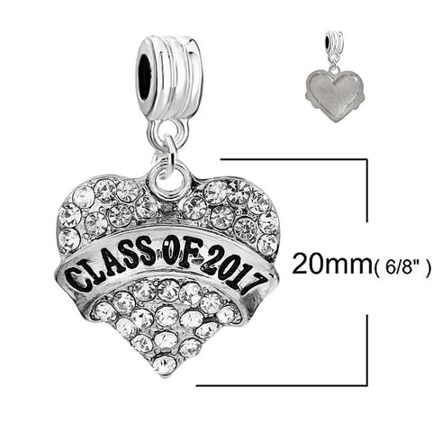 inch  Class Of 2017inch  Heart Rhinestones Graduation Spacer European Charm for Bracelets