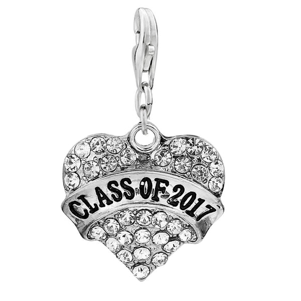 Class Of 2017 Heart Charm W/Rhinestones School Graduation Clip on Lobster Claw clasp Charm