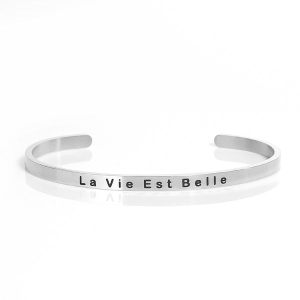Sexy Sparkles Stainless Steel inch  La Vie Est Belle inch Life is Beautiful Positive Quotes Energy Open Cuff Bangle Bracelet 4745