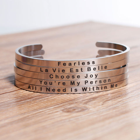 Sexy Sparkles Stainless Steel inch  Fearless inch  Positive Quotes Energy Open Cuff Bangle Bracelet