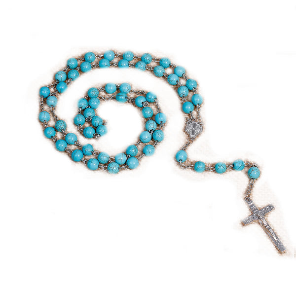 SEXY SPARKLES Christian / Catholic Cross Religious Prayer Rosary Beads Y Shaped Lariat Turquoise Color Necklace