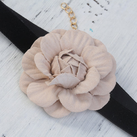 Sexy Sparkles New Style Black Choker Necklace with Peachy Beige Flower