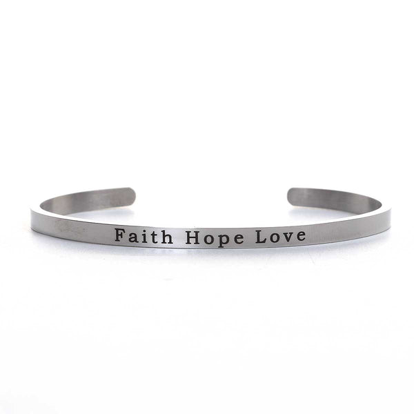 SEXY SPARKLES        Stainless Steel inch  Faith Hope Love inch  Positive Quotes Energy Open Cuff Bangle Bracelet