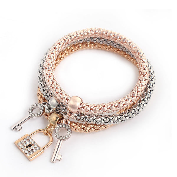 Sexy Sparkles Lock & Key stretch Bracelets 3PCS Gold/Silver/Rose Gold Plated Popcorn Chain with Crystal Charms Multilayer Bracelets for Women