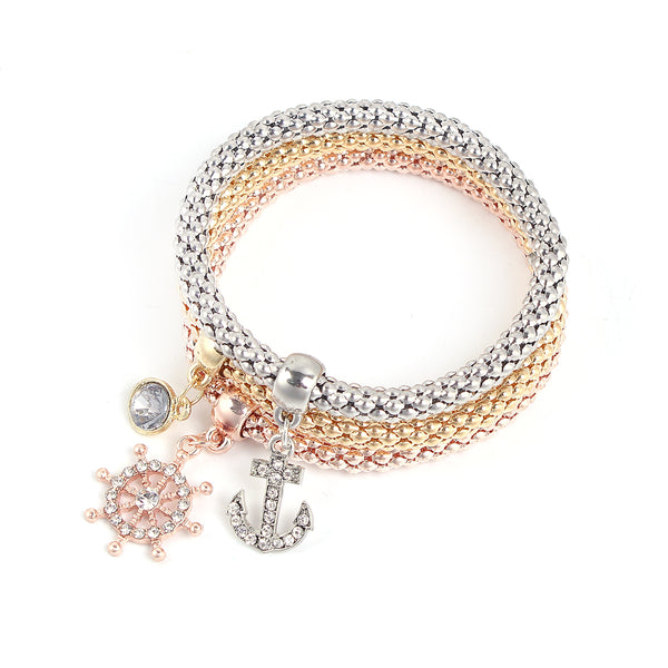 Anchor ship Stretch Bracelets Iâ€™s 3PCS Gold/Silver/Rose Gold Plated Popcorn Chain with Crystal Charms Multilayer Bracelets for Women