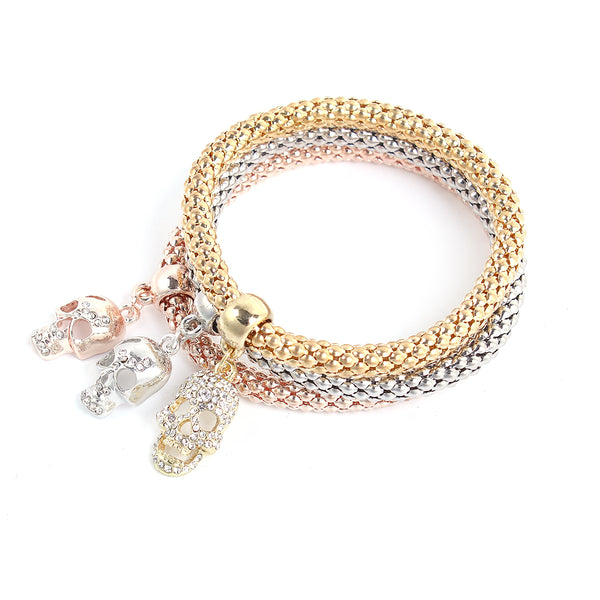 Skull Stretch Bracelets Iâ€™s 3PCS Gold/Silver/Rose Gold Plated Popcorn Chain with Crystal Charms Multilayer Bracelets for Women