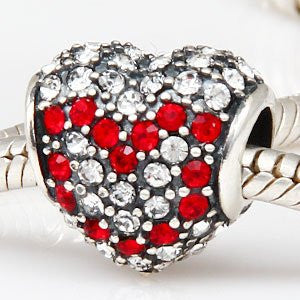 .925 Sterling Silver "Heart W/RhinestonesClear and Red"  Charm Spacer Bead for Snake Chain Charm Bracelet