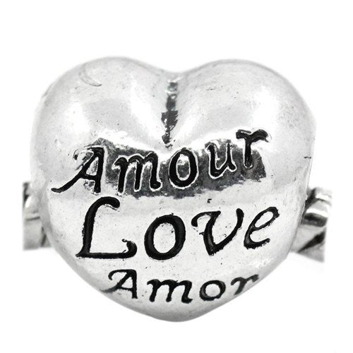 .925 Sterling Silver "Heart Love"  Charm Spacer Bead for Snake Chain Charm Bracelet