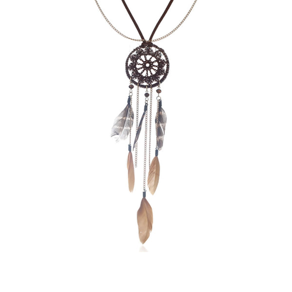 Sexy Sparkles Dream Catcher Multilayer Layaret Necklace whit Brown Feather