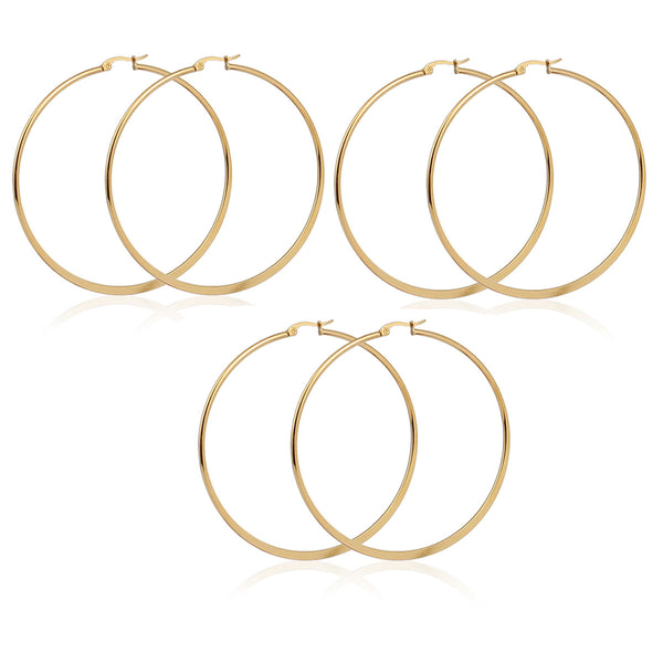 Sexy Sparkles 3 Pairs Surgical Stainless Steel Hypoallergenic Round Hoop Earrings Set for Women (3 Pairs(3inch  x2 7/8inch ))