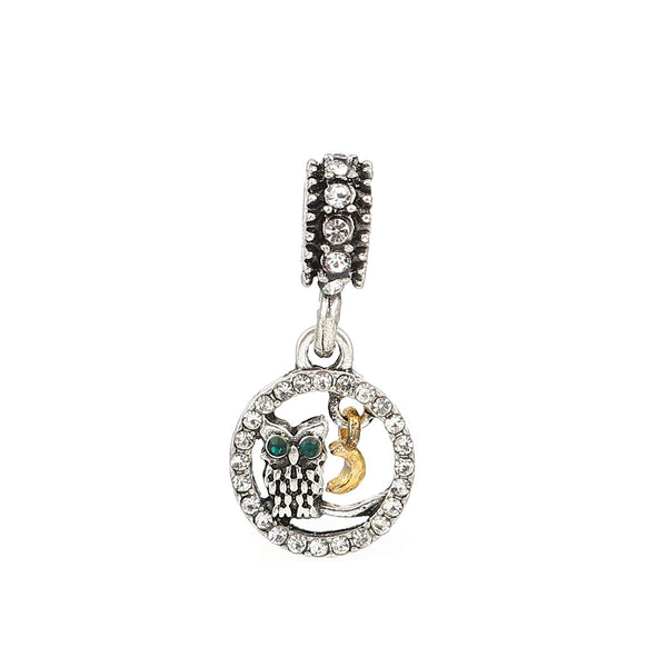 Owl with Dangling Moon Charm Compatible with Most Major European Brand Bracelets