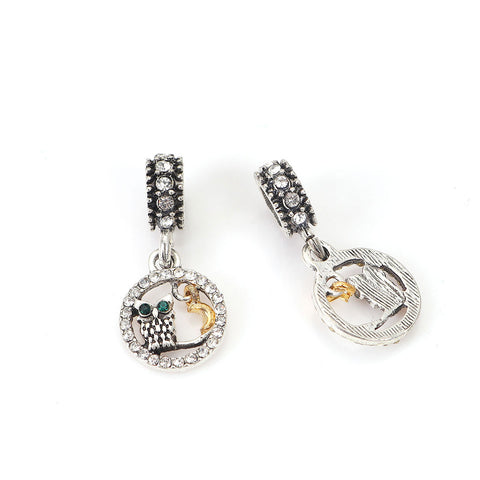 Owl with Dangling Moon Charm Compatible with Most Major European Brand Bracelets