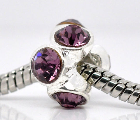 Silver Plated Purple Rhinestone Spacer Beads Fit European Bracelet - Sexy Sparkles Fashion Jewelry - 1