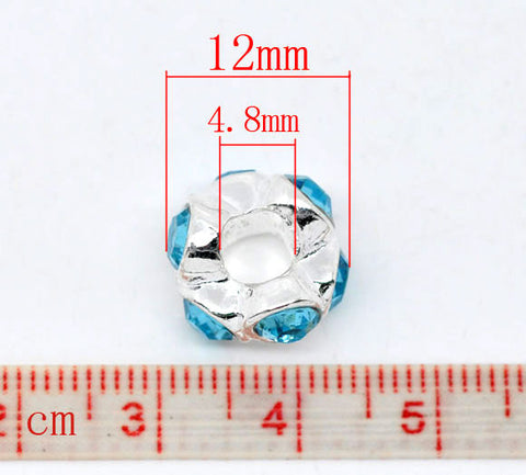 Silver Plated Light Blue Rhinestone Spacer Beads Fit European Bracelet - Sexy Sparkles Fashion Jewelry - 2