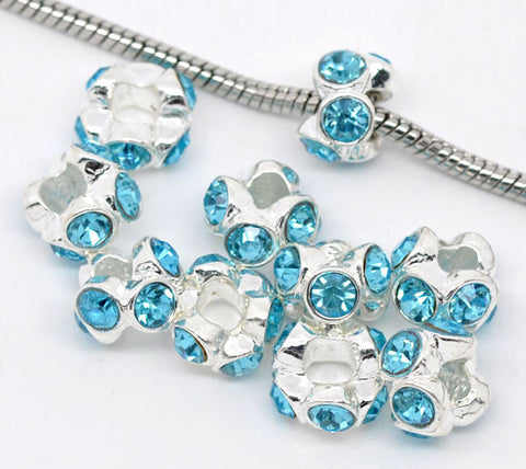 Silver Plated Light Blue Rhinestone Spacer Beads Fit European Bracelet - Sexy Sparkles Fashion Jewelry - 3