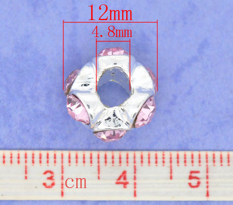 Silver Plated Pink Rhinestone Spacer Beads Fit European Bracelet - Sexy Sparkles Fashion Jewelry - 2