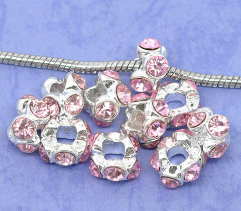 Silver Plated Pink Rhinestone Spacer Beads Fit European Bracelet - Sexy Sparkles Fashion Jewelry - 3
