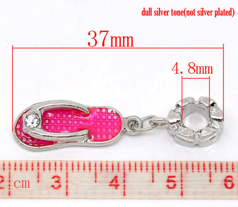 Beach "Sandal" Charm Dangle Hot Pink with Rhinestones Bead Charm Spacer For Snake Chain Charm Bracelet - Sexy Sparkles Fashion Jewelry - 2