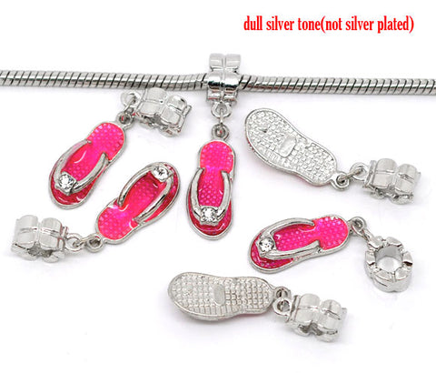 Beach "Sandal" Charm Dangle Hot Pink with Rhinestones Bead Charm Spacer For Snake Chain Charm Bracelet - Sexy Sparkles Fashion Jewelry - 3