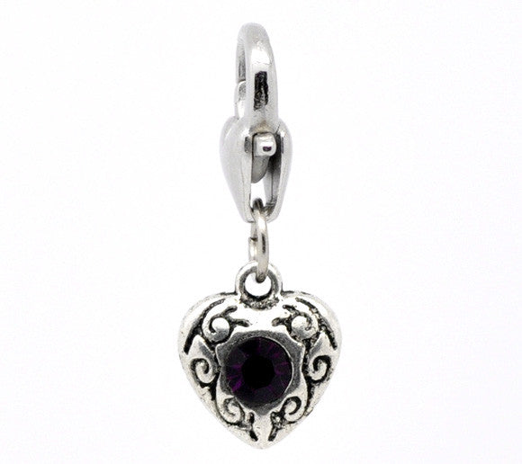 Antique Silver Dark Purple Rhinestone Heart Clip On Charms. Fits Thomas Sabo 26x10mm,