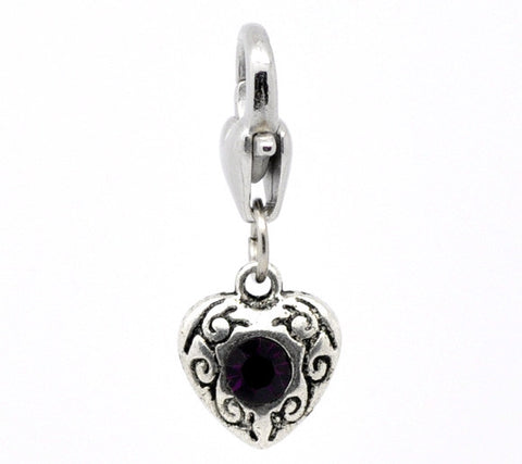Antique Silver Dark Purple Rhinestone Heart Clip On Charms. Fits Thomas Sabo 26x10mm, - Sexy Sparkles Fashion Jewelry - 1