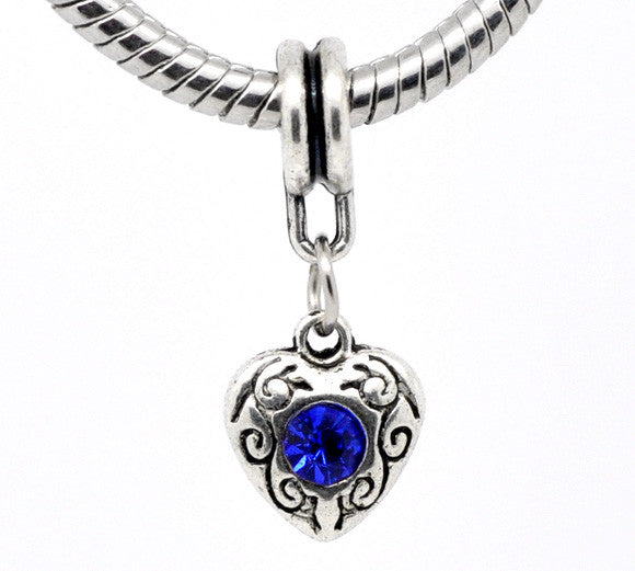 Heart September Sapphire Rhinestone  Dangle Bead European Bead Compatible for Most European Snake Chain Bracelet