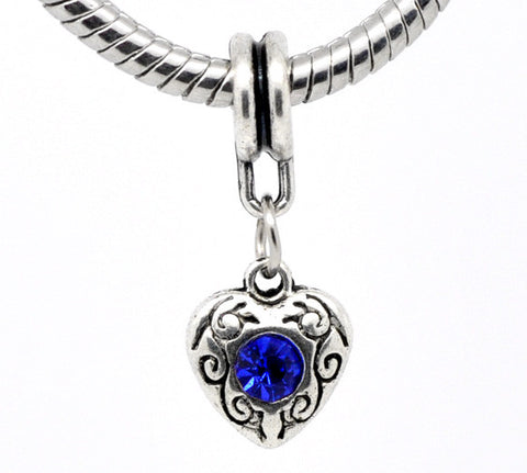 Heart September Sapphire Rhinestone  Dangle Bead European Bead Compatible for Most European Snake Chain Bracelet - Sexy Sparkles Fashion Jewelry - 1