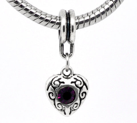 Heart Dangle With Dark PUrple Birthstone Charms for Snake Chain Bracelet - Sexy Sparkles Fashion Jewelry - 1