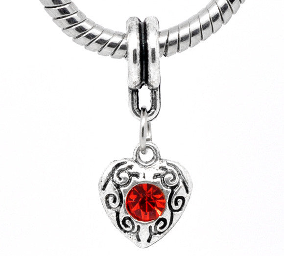 Heart July Red Rhinestone  Dangle Bead European Bead Compatible for Most European Snake Chain Bracelet